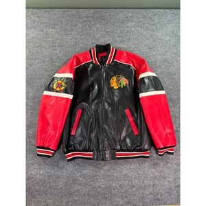 Chicago Blackhawks Jacket Mens XL Black Red Faux Leather Varsity Bomber Zip NHL